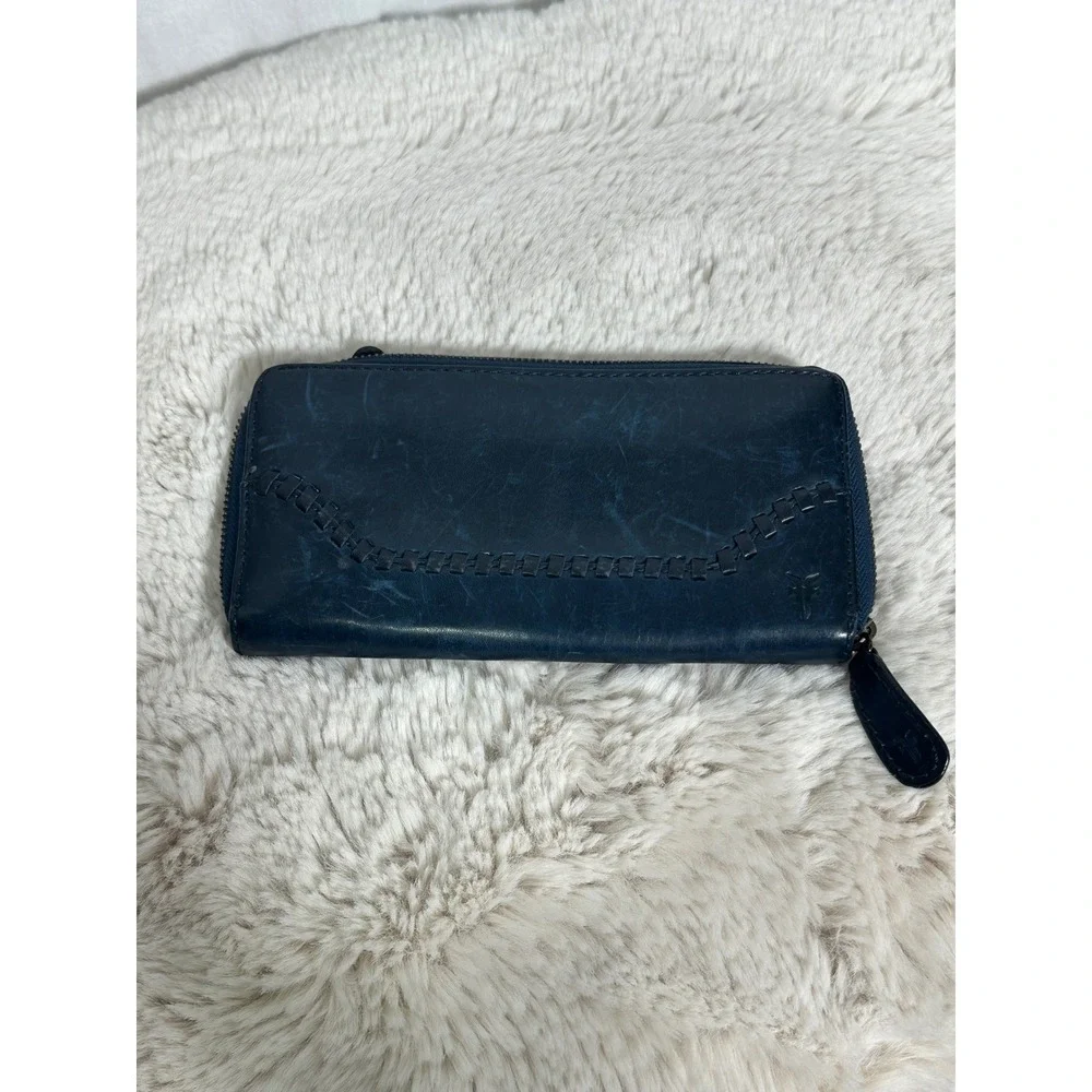 Frye Melissa Zip Around Leather Wallet Navy Slate Blue‎ Whipstitch Continental - Picture 3 of 7